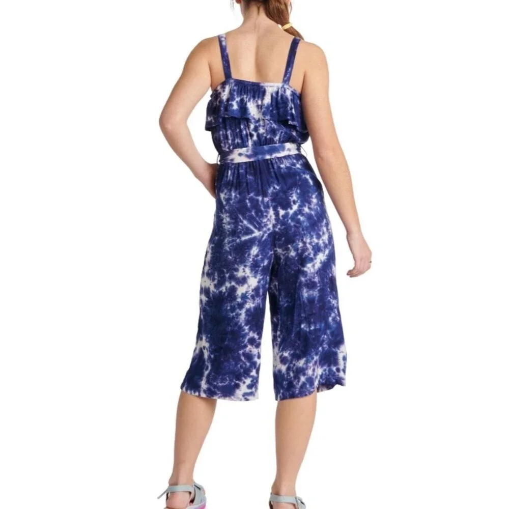 Justice Girls size small 7/8 blue tie dye Flounce Top tank capri Jumpsuit